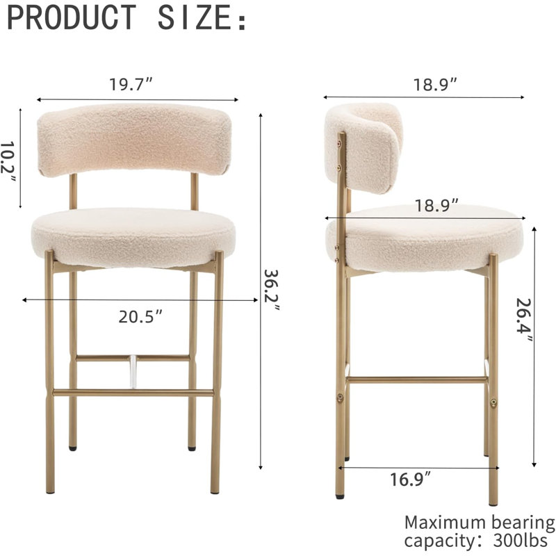 Gold Boucle Bar Stools Set Of 3, 26" Modern Counter Stools With Backs, Upholstered Barstools For Kitchen Island, Bar, Cafe