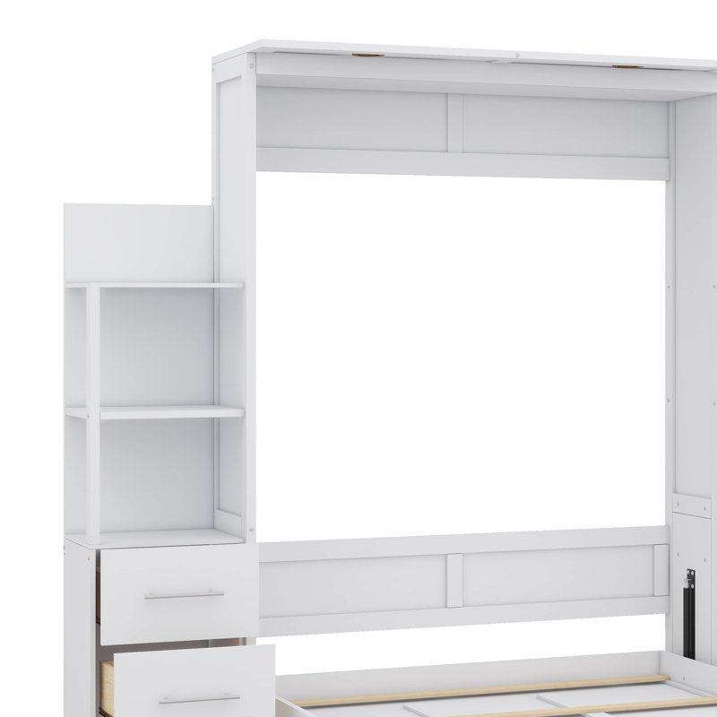 Full Size Wall-Mounted Murphy Bed With 4 Drawers, LED Lighting, Storage Shelves, Made Of Wood