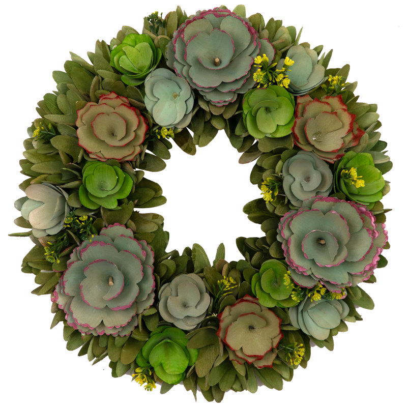 Wooden Mini Flowers Artificial Spring Wreath - 14" - Green And Yellow