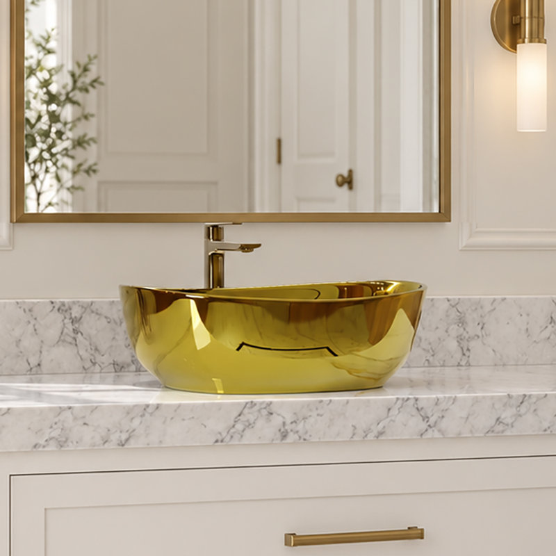 15.75" Oval Stainless Steel Vessel Bathroom Sink, Gold Above-Counter Vanity Sink with 1.75" US Standard Drain Opening