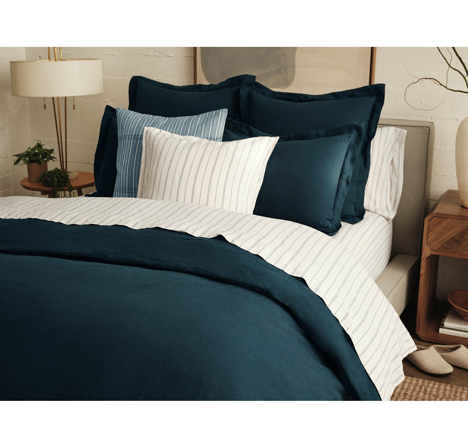 Organic Relaxed Belgian Flax Linen Standard Sheet Set, Queen Sheet Set with 2 Pillowcases, Midnight Indigo