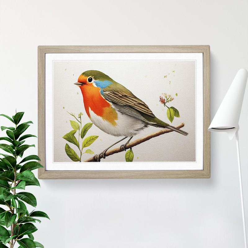 Exceptional Robin Bird - Single Picture Frame Print, 46cm H x 64cm W x 2cm D, Oak