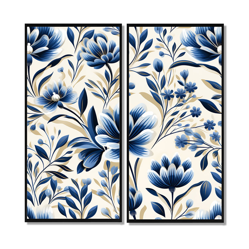 Grandes fleurs bleues et blanches damassées, H 32 po x l 32 po, Noir, Impression encadrée flottante