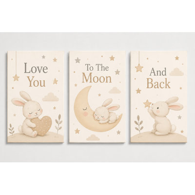 Grand ensemble de 3 lapins lune chambre de bébé mural Woodland lapin chambre décoration neutre chambre de bébé chambre d'enfants salle de jeu 16 x 24 pouces - impression sur toile - prêt à accrocher