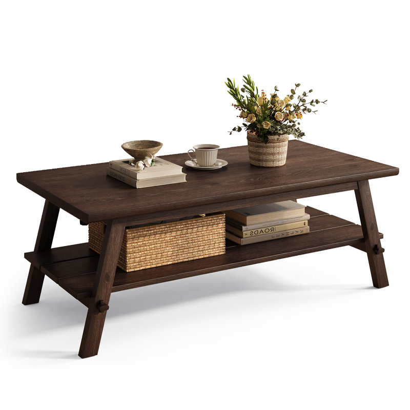 47" Rectangle Solid Wood Coffee Table, Mid Century Modern Center Table with 2-Tier Storage, Dark Brown