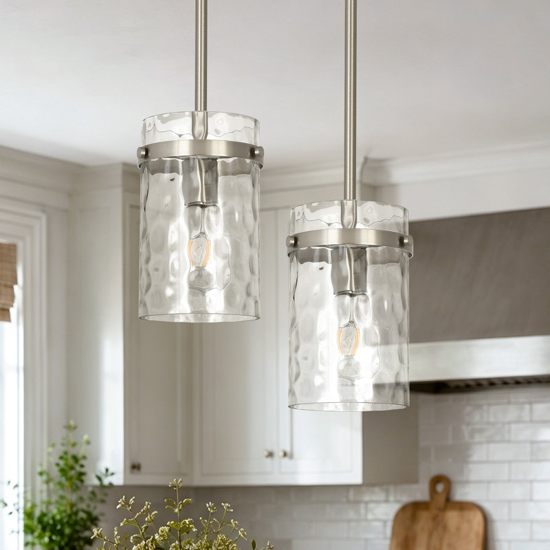 Levona 1 - Light Large Kitchen Island Pendant With Clear Hammered Glass Shade（Set of 2）, Nickel