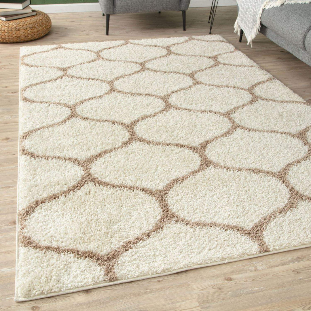 B&Q - Moroccan Shaggy Rugs And Runners Soft Fluffy Trellis Design High Pile Ivory And Beige Living Room Kitchen Hallway 630 - Image 3