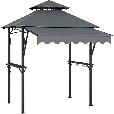 8 Ft. x 5 Ft. Grill Gazebo with 7 Ft. x 3 Ft. Awning, Double-Tier Outdoor BBQ Canopy with Steel Frame, Shelves, Hooks and LED Lights for Patio or Backyard