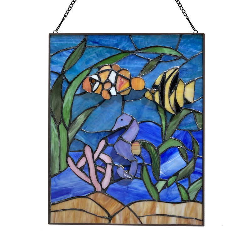 14"H Underwater Ocean Scene Stained Glass Window Panel