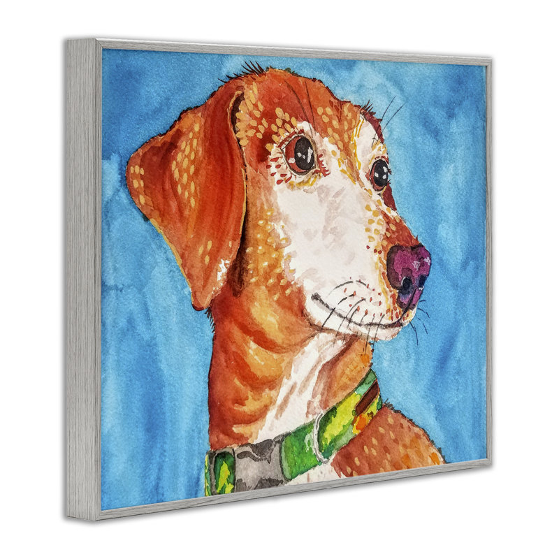 Chien orange audacieux sur estampe bleue encadrée, design par Tatiana Roberts, H 16 po x l 20 po, Estampe numérique Farmhouse