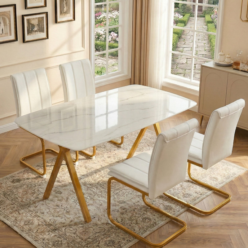 Ensemble de salle à manger 5 pièces, Blanc / chaises dorées, Table dorée