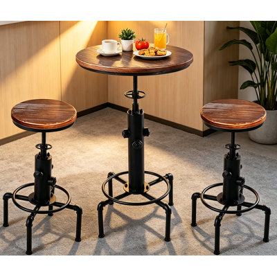 3-Piece Bar Table (32.3"-36.2") & 2 Bar Stools (23.6"-29.5") Set For Pub Kitchen Dining Living Party Bistro Breakfast, Swivel Top, Height Adjustable, Most Weld, Space-Saving