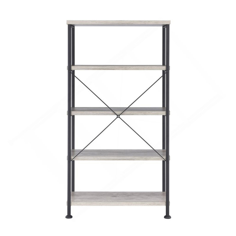 Bibliothèque à 4 tablettes avec structure en métal en bois flotté gris et noir, Gris