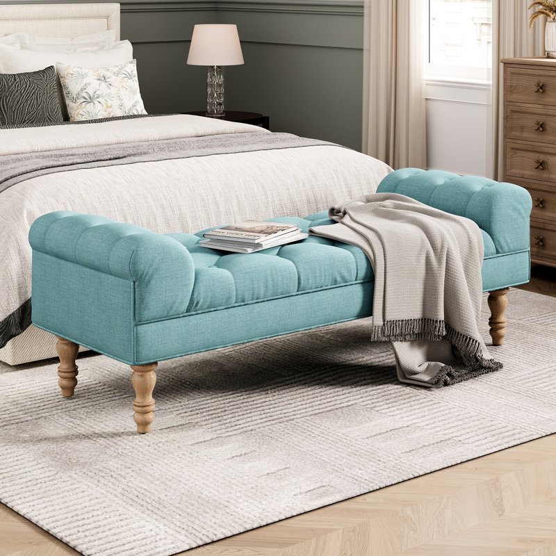 Grand banc rembourré capitonné bleu sarcelle avec boutons de siège confortables, accoudoirs roulés avec repose-pieds et revêtement de peau pour le piano de salon