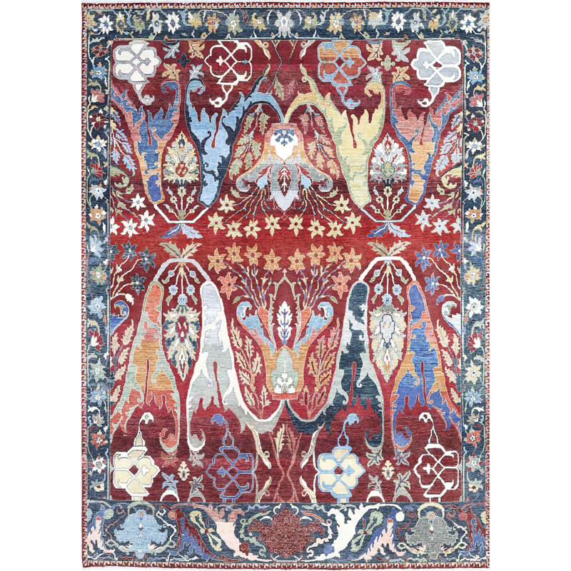 Tapis rouge et gris anthracite de haute qualité noué à la main, Rectangulaire 8 pi x 10 pi