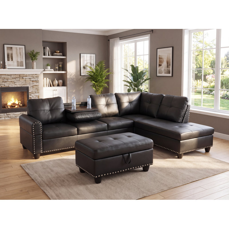 Canapé d'angle moderne à 6 places avec méridienne, pouf et 6 coussins | Sofa en L | Porte-gobelet | Simili cuir noir