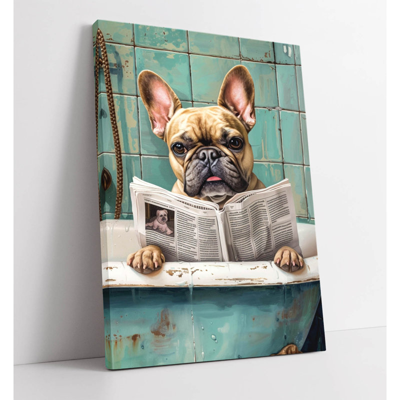 french bulldog in bathtub reading newspaper Canvas Wall Art Print Picture, 91.44cm H x 60.96cm W