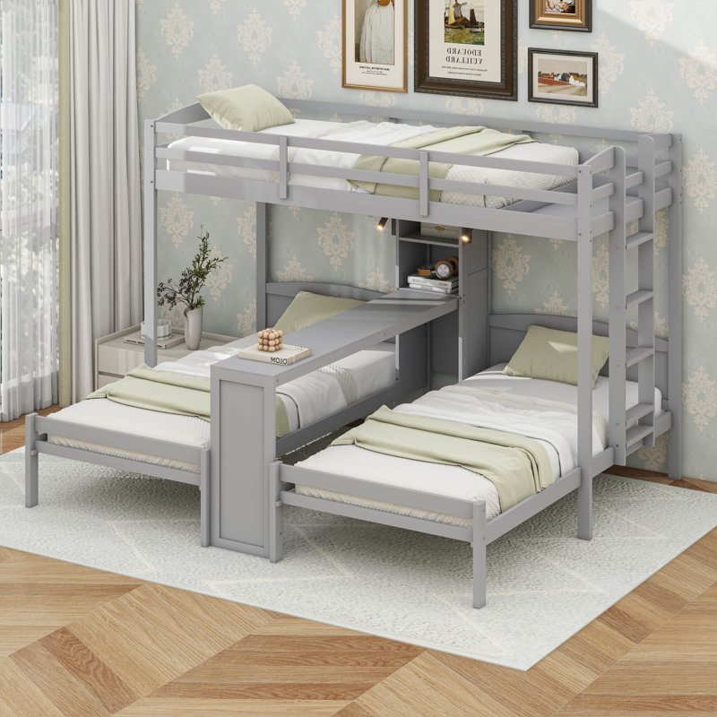 Lit superposé simple au-dessus de simple et simple avec bureau intégré et tablettes de rangement, lampe de lecture, Gris