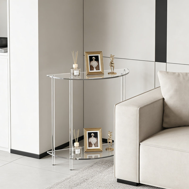 Console moderne en acrylique avec tablette de rangement, table d'entrée en demi-lune à deux niveaux pour le salon, la chambre à coucher, le vestibule et le couloir