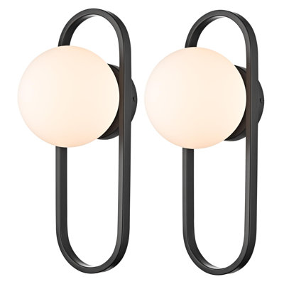 Mid Century Wall Light Black Wall Sconces With White Globe Glass Shade Set Of 2