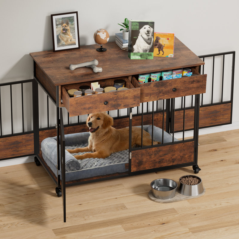 Meuble de 42 pouces avec tiroirs et portes avant et latérales, chenil d'intérieur robuste avec roulettes pour petits et moyens chiens