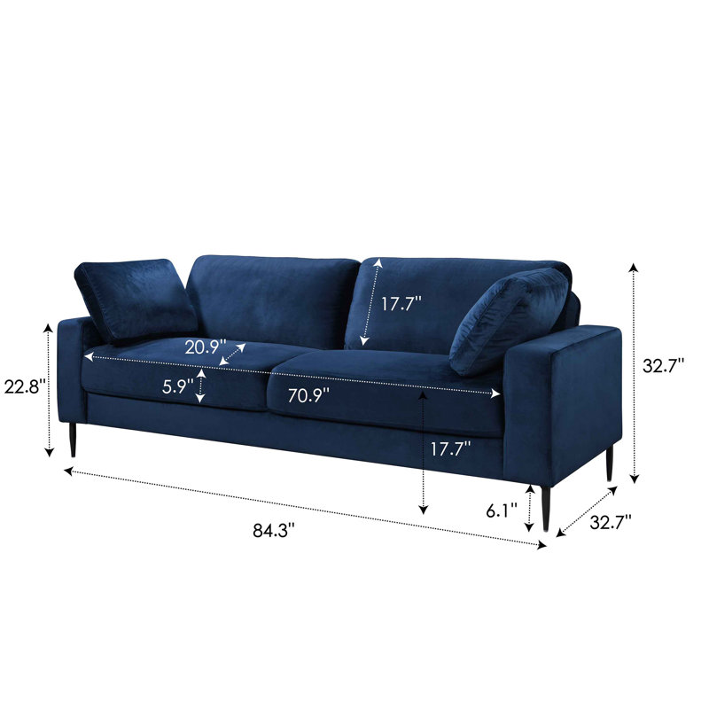 Etta 214.1Cm Velvet Square Arms Sofa, Dark Blue Polyester Blend