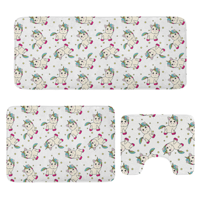 Unicorn Bathroom Rug Set 3 Pieces U-Shape & Rectangle Mats Multicolor