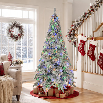 7.5 Ft Pre-Lit Flocked Artificial Christmas Tree with 400 Multi-Color LED Lights