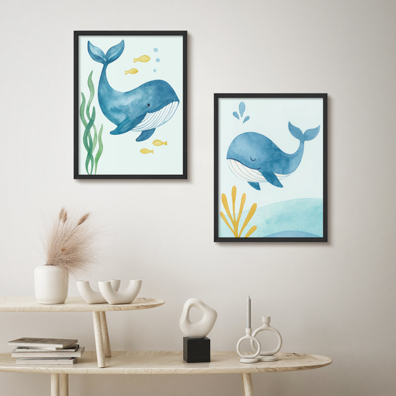 Aquarelle, baleine, ensemble d'art mural encadré de 2 - impressions océan bleu pour salle de bain ou chambre d'enfant