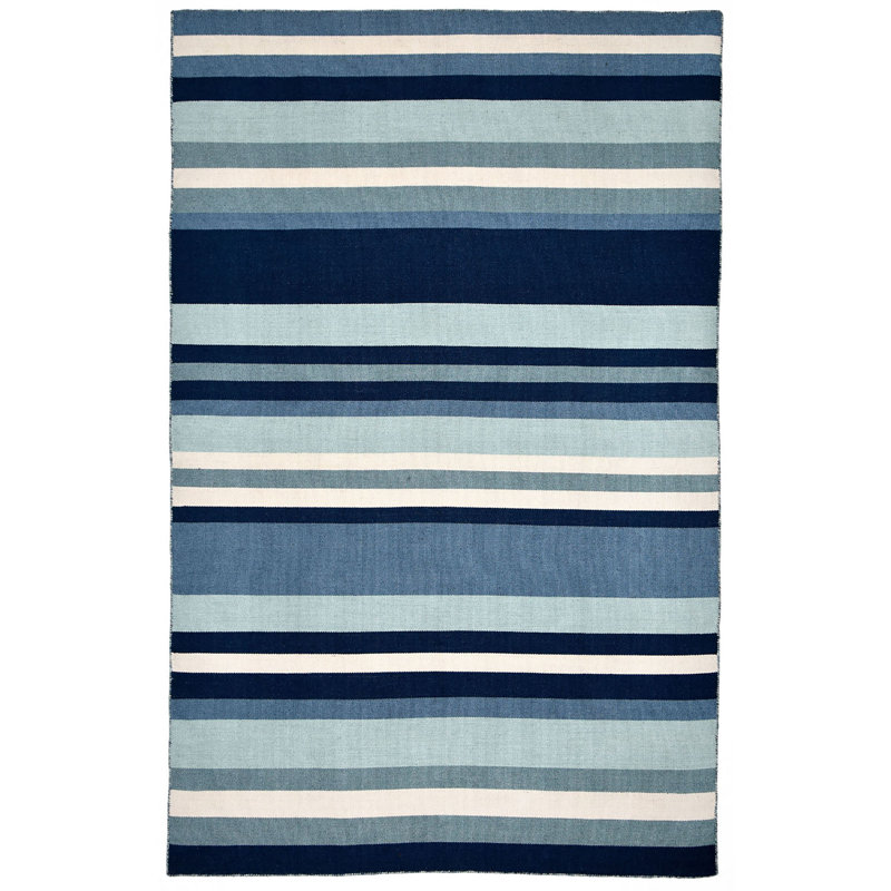 Tapis rayé bleu tissé à plat à la main Jonathon, Rectangle 7 pi 6 po x 9 pi 6 po