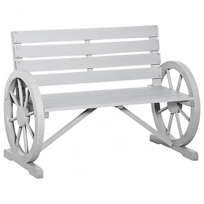 Wheel Bench, Rustic Outdoor Patio Bench, 2-Person Slatted Seat Bench With Backrest