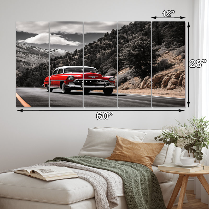 «Red Classic Car Vintage Drive on Canvas», reproduction de 5 pièces