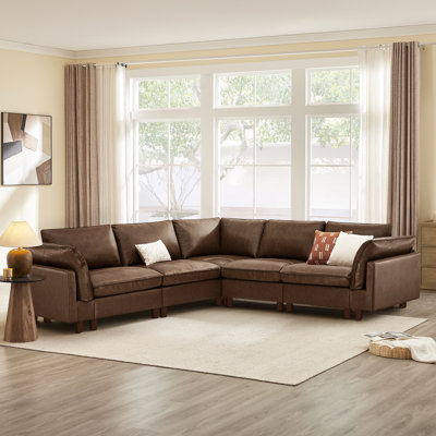 Canapé modulaire en cuir véritable 5 pièces avec base en bois massif Solena