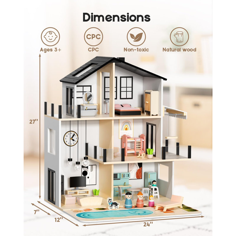 Suteck Wooden Dollhouse, Large Modern Doll House With 44pcs Furniture Accessories For Toddlers
