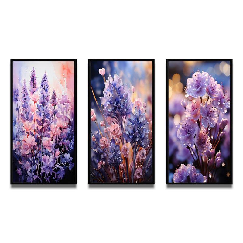 «Meadow Lavender Enchantment», 3 pièces sur toile, Cadre noir, H 20 po x l 36 po