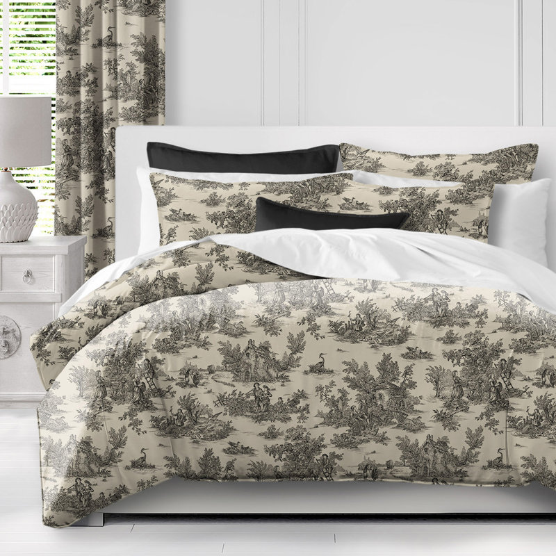Ensemble d'édredon en coton Toile De Jouy, Édredon très grand et 2 taies décoratives, Noir