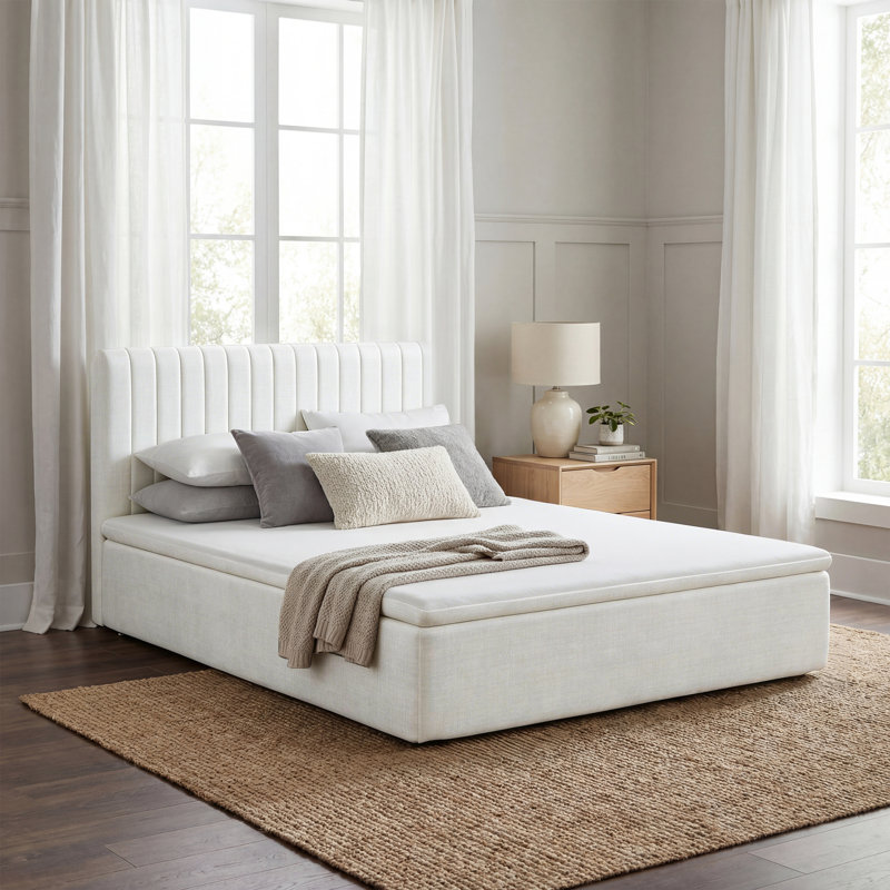 Zipper-Connected Compression Bed With A 15” High Mattress And Tufted Headboard, Full, Off White