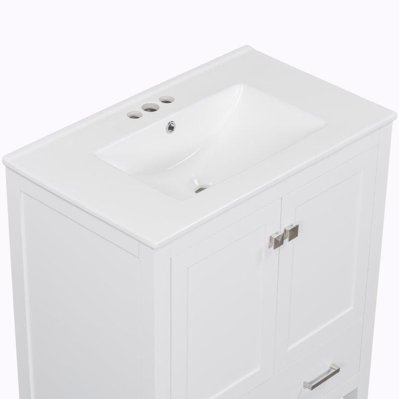 Meuble-lavabo simple 30 po avec plateau en céramique Marycruz, Blanc, Argent