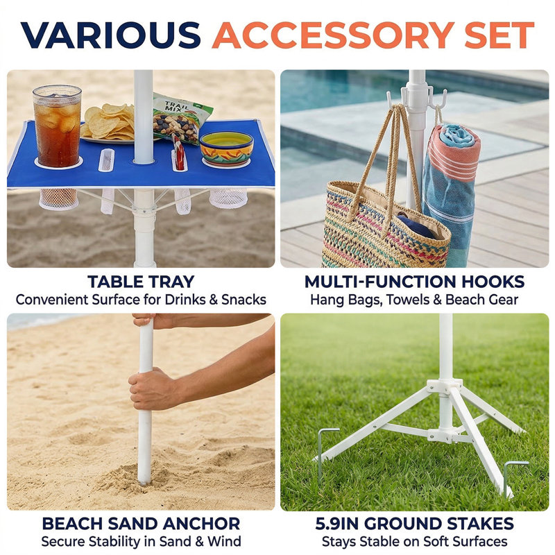 Parasol d'extérieur portatif 7 pieds avec table réglable intégrée - Parasol UPF 50+, crochet, sac de transport, inclinaison réglable, parasol de plage et de camping
