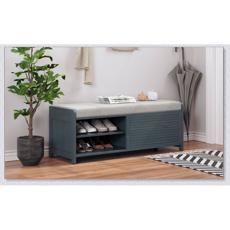 Banc de rangement à volets vieillis avec placage d'acacia pour un charme rétro pour le salon, le vestibule (bleu marine)