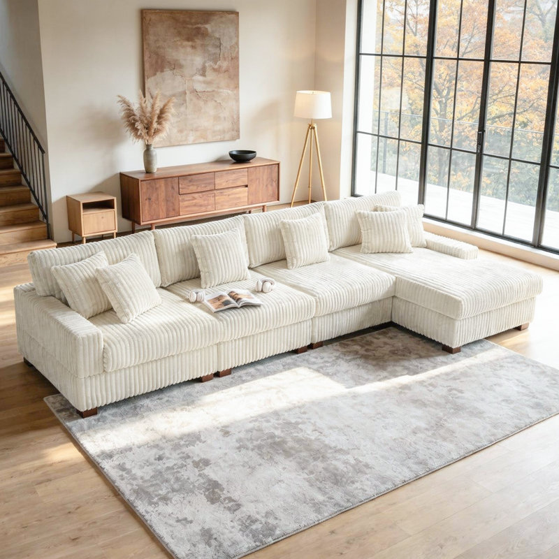 4 - Piece Upholstered White Faux Rabbit Fur Flannel Modular Sectional Sofa with Armrests & Throw Pillows, White Faux Fur