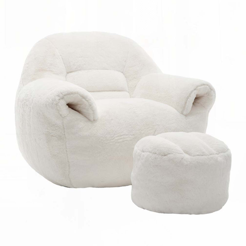 Faux Fur Bean Bag Chair With Ottoman, White