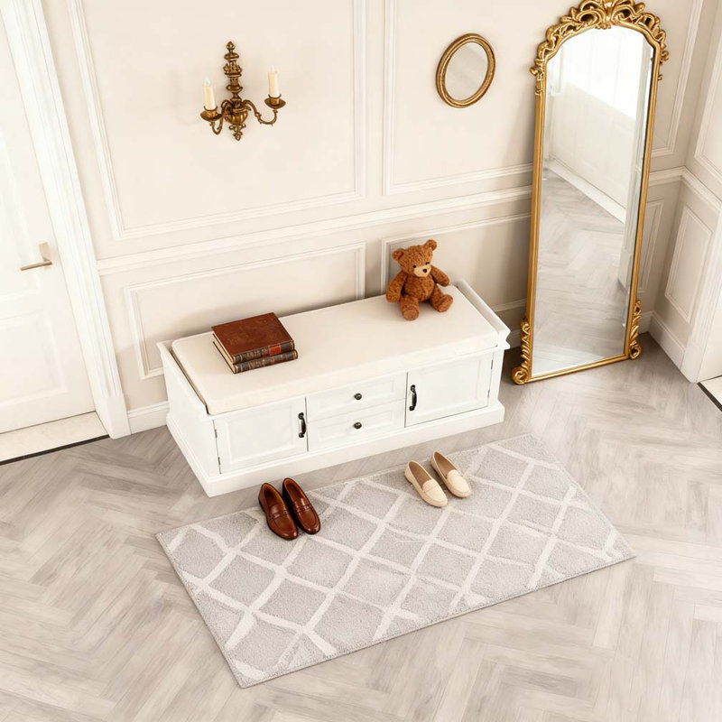 Storage Bench with 2 Drawers and 2 Cabinets, Shoe Bench with Removable Cushion, White