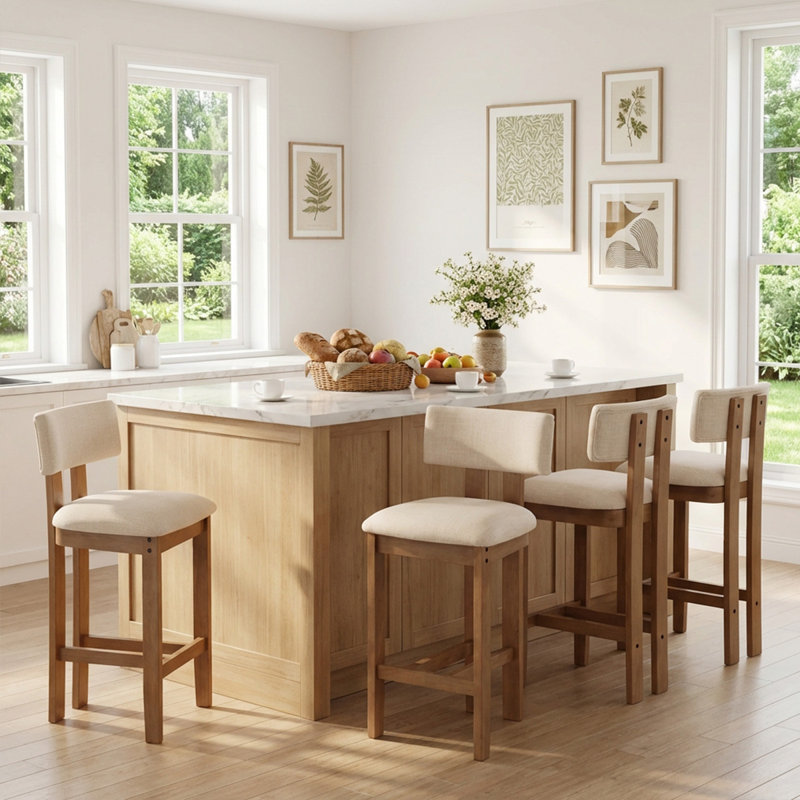 Upholstered Stool With Solid Wood Frame, Beige