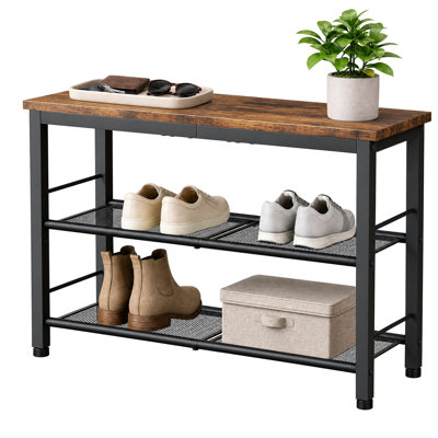 3-Tier Industrial Shoe Bench with Metal Frame, Entryway Shoe Storage Rack with Vintage Wood Shelves – 400 lbs Capacity, Compact Design for Hallway Living Room