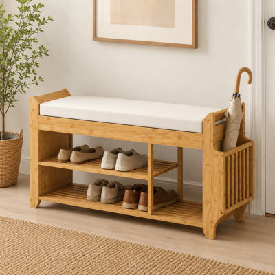 Bamboo Shoe Storage Bench with Cushion Seat and Side Umbrella Holde
