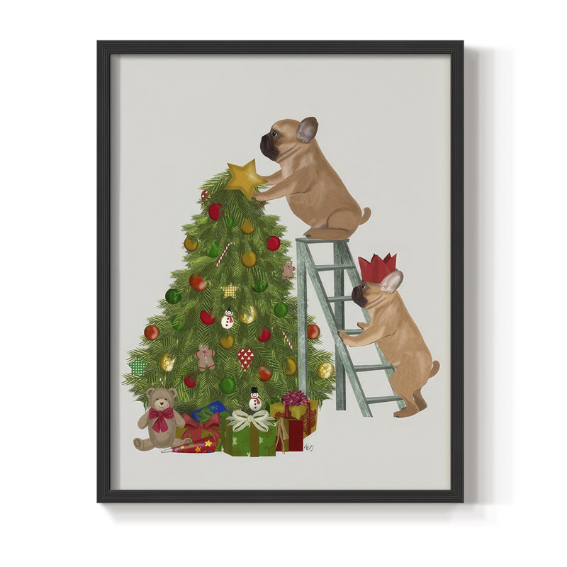 Échelle de bouledogue français de Noël, reproduction encadrée en bois massif, H 15 po x l 12 po, Noir, noir, noir, noir
