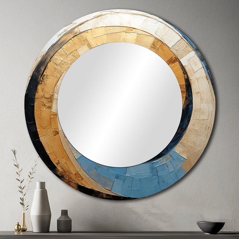Gold Blue Minimalism Spiral Poteries I - Abstract Spirals Wall Mirror, Gold Round Decorative Mirror, Printed Metal Art