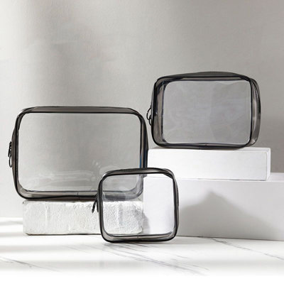 Clear Black Waterproof PVC Cosmetic Bags 3 Piece Set, Multi-Functional Transparent Storage Bags for Toiletries and Makeup, Eco-Friendly Travel Organizer