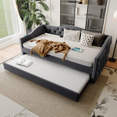 Gray Twin Upholstered Daybed With Trundle, Charging On Left Armrest, Wood Slat Bed Frame, Velvet Fabric, Mid - Century Design Nailhead Trimmed Waved Arms, Bedroom Sanctuary Support, Upholstery, Style